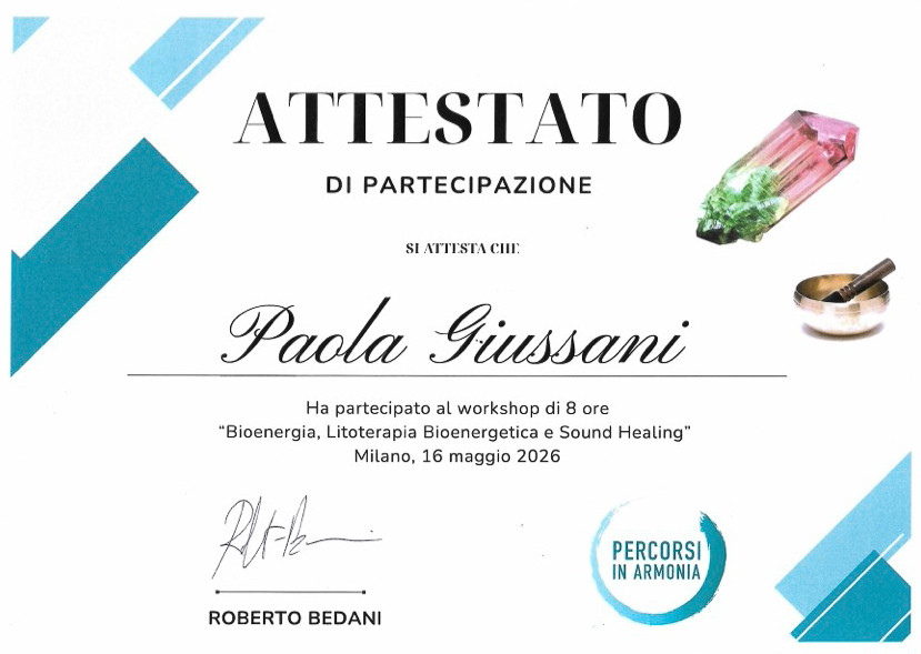 Attestato del workshop di Bioenergia, Litoterapia e Sound Healing
