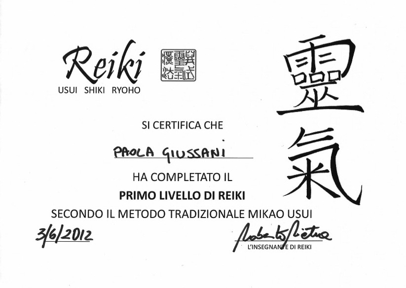 Attestato di primo livello di Reiki