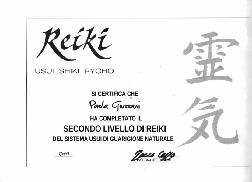 Attestato di secondo livello di Reiki