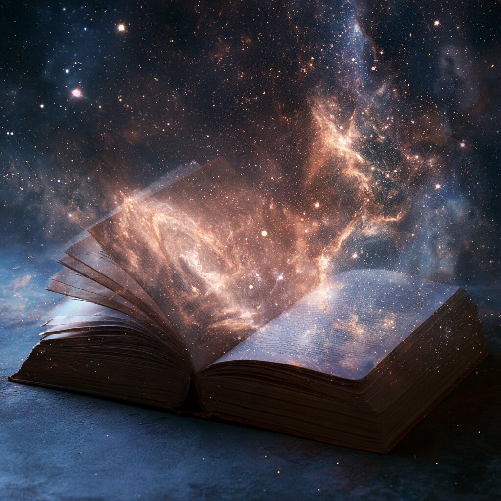 Libro aperto da cui si sprigiona una galassia